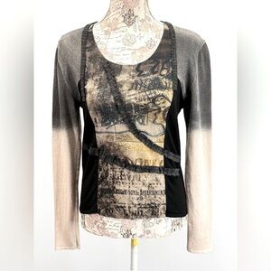 ALDO MARTIN'S Black and Cream Graphic Long Sleeve Blouse size M